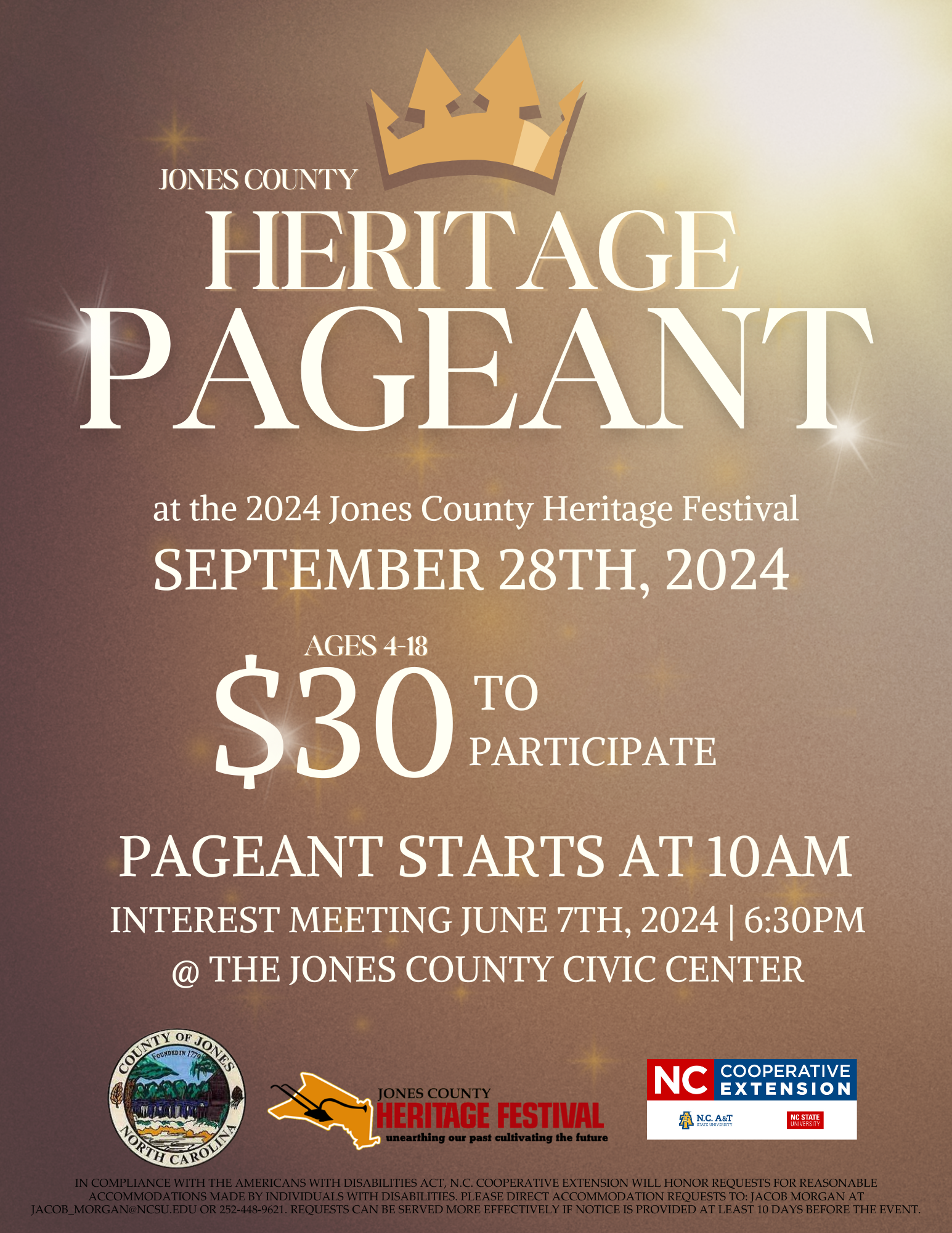 Jones County Heritage Pageant at the Jones County Heritage Festival on September 28th, 2024. $30 to participate for ages 4-18. Pageants starts at 10AM. Interest meeting June 7th, 2024 at 6:30PM at the Jones County Civic Center