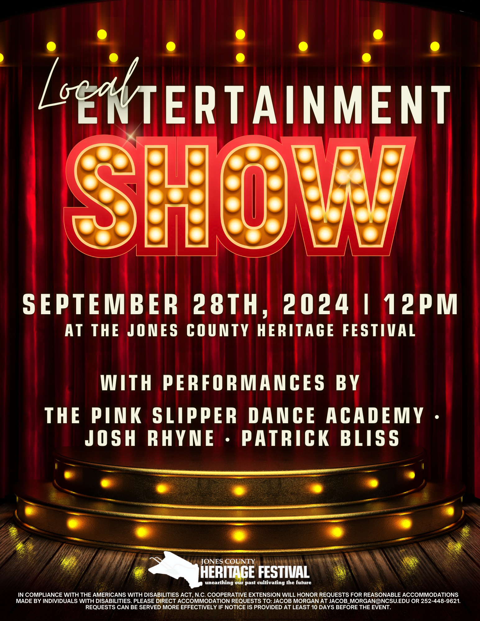 Local Entertainment Show on September 28th, 2024 at 12PM at the Jones County Heritage Festival. Performances by The Pink Slipper Dance Academy, Josh Rhyne, and Patrick Bliss.