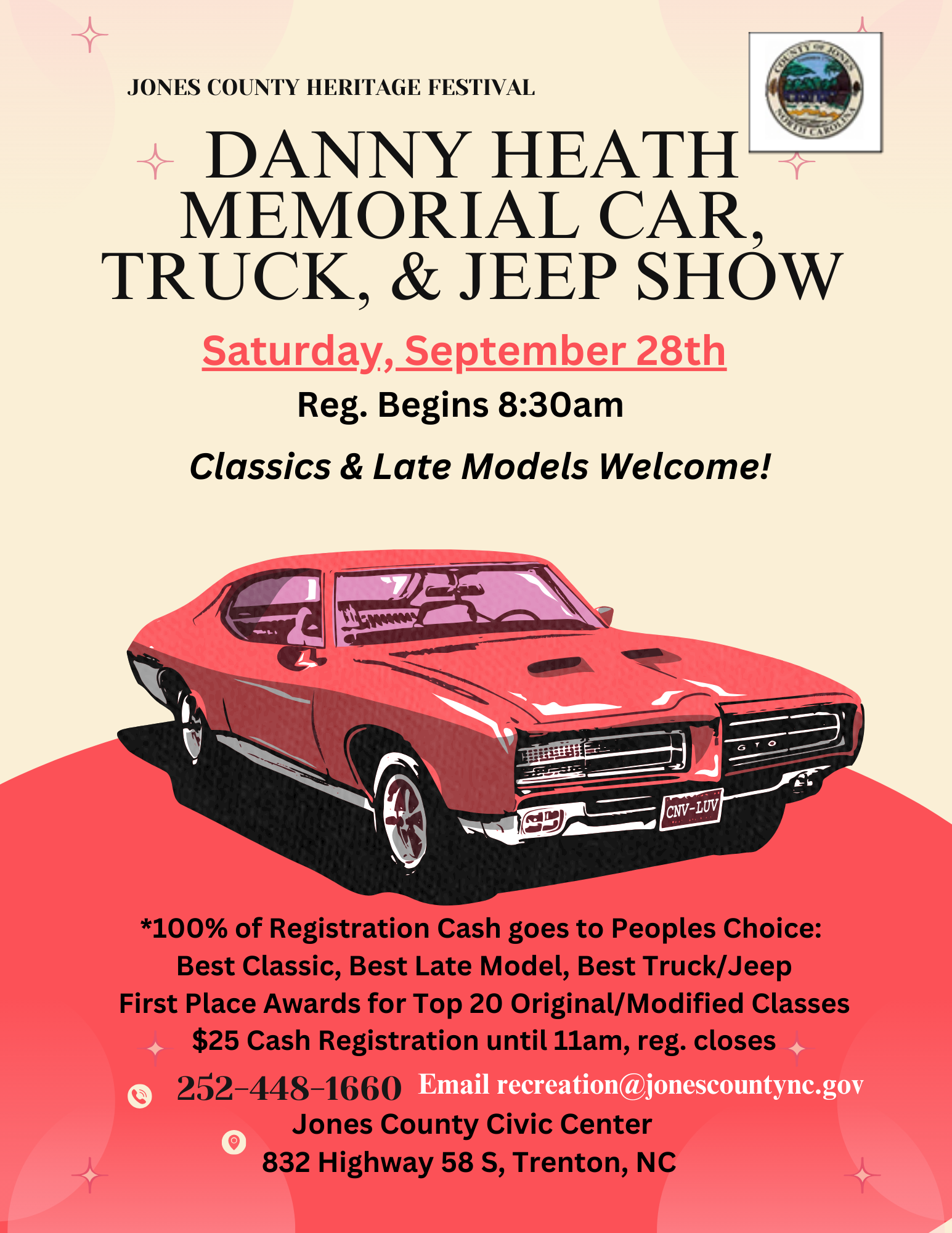 Danny Heath Memorial Car, Truck, and Jeep Show on Saturday, September 28th, 2024. Registration starts at 8:30AM and ends at 11AM. $25 to register. Win cash prizes.