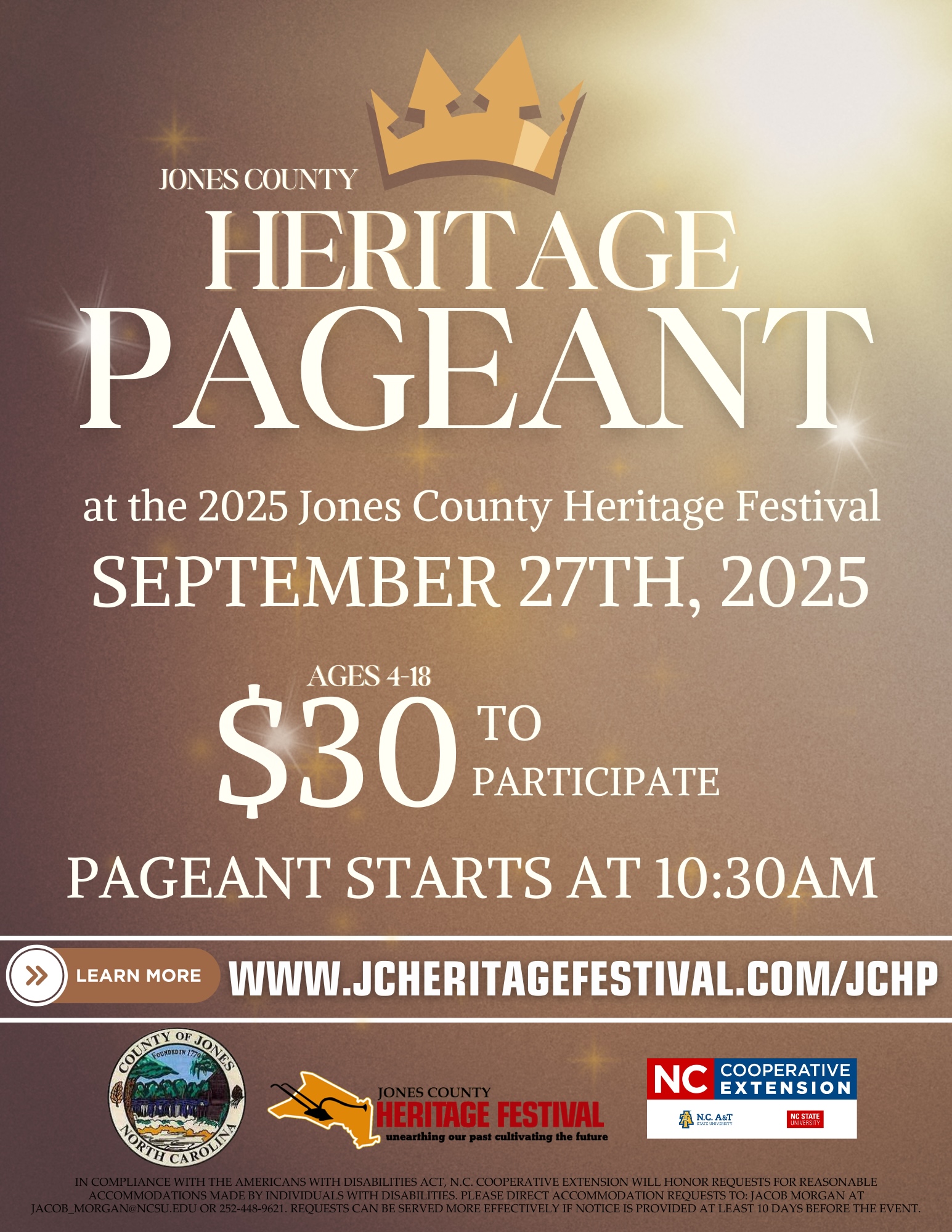 JONES COUNTY HERITAGE PAGEANT at the 2025 Jones County Heritage Festival SEPTEMBER 27TH, 2025 AGES 4-18 $30 TO PARTICIPATE PAGEANT STARTS AT 10:30AM LEARN MORE WWW.JCHERITAGEFESTIVAL.COM/JCHP