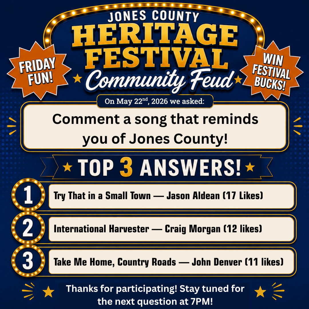JONES COUNTY HERITAGE FESTIVAL WIN Community Feud* FESTIVAL BUCKS! On May 220d , 2026 we asked: Comment a song that reminds you of Jones County! * TOP 3 ANSWERS! * Try That in a Small Town - Jason Aldean (17 Likes) International Harvester - Craig Morgan (12 likes) Take Me Home, Country Roads - John Denver (11 likes) Thanks for participating! Stay tuned for the next question at 7PM!